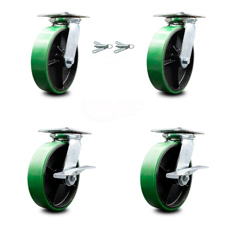 Service Caster 8 Inch Green Poly on Cast Iron Swivel Caster Swivel Locks 2 Brakes SCC, 2PK SCC-35S820-PUB-GB-BSL-2-SLB-2